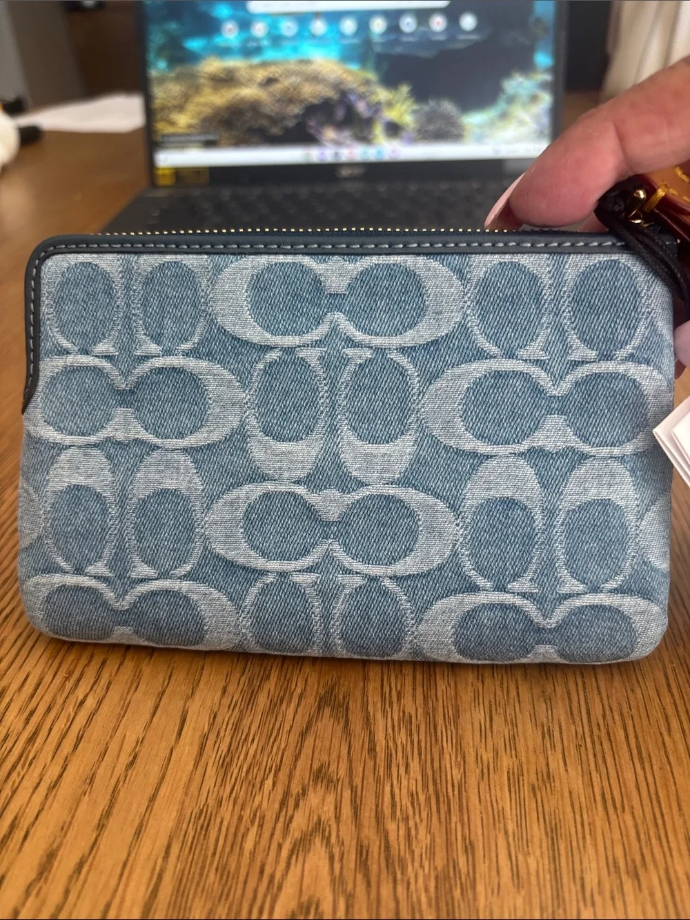 Coach Blue Denim Signature Corner Zip Wristlet NWT With Fashion Denim Earrings